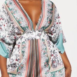 Boho Baroque Satin Print Wide Leg Jumpsuit - Multicolor | Size M